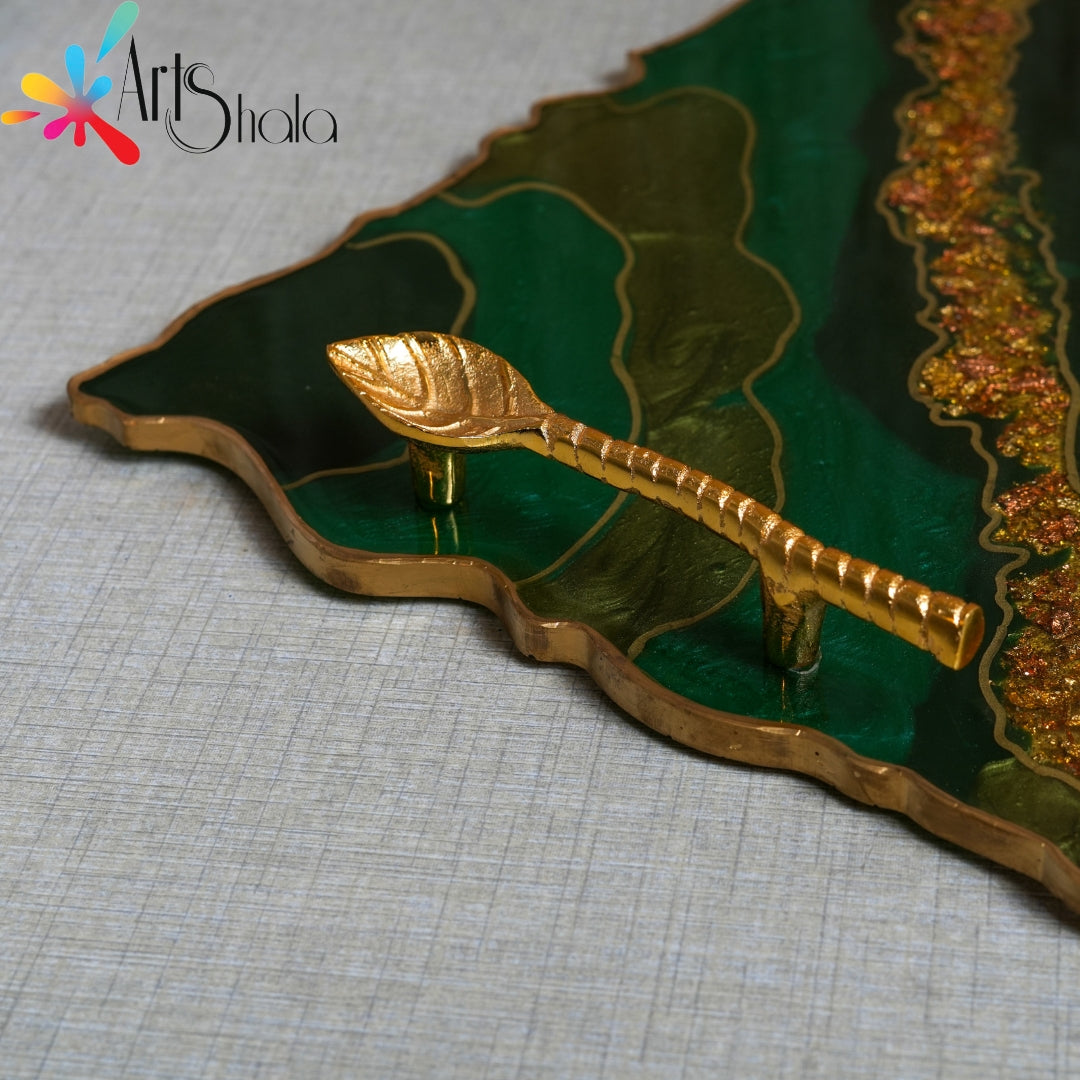 One Golden Metal Tray Leaf Handle Golden