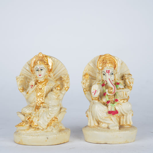 Ceramic Off Whilte Golden Laxmi Ganesh Statue